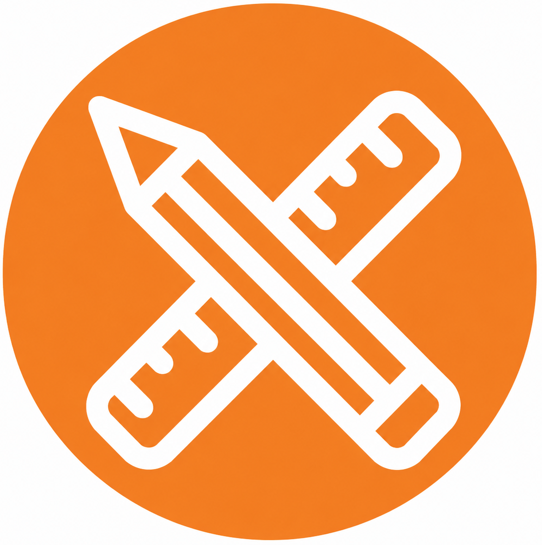 A minimalist orange circular icon featuring a white crossed pencil and ruler design, centered on a plain white background.
